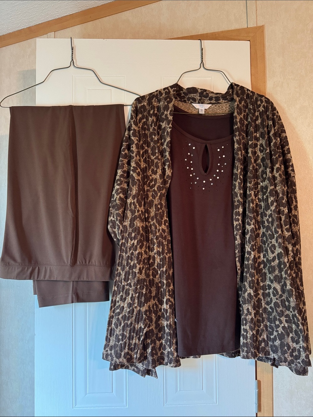 Brown Leopard Print Cardigan with Brown Embellished Top and Pants